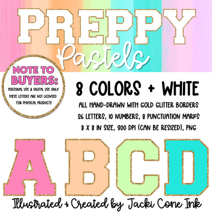 Preppy Pastels Varsity Patch Hand-Drawn Glitter Letters (Clipart)